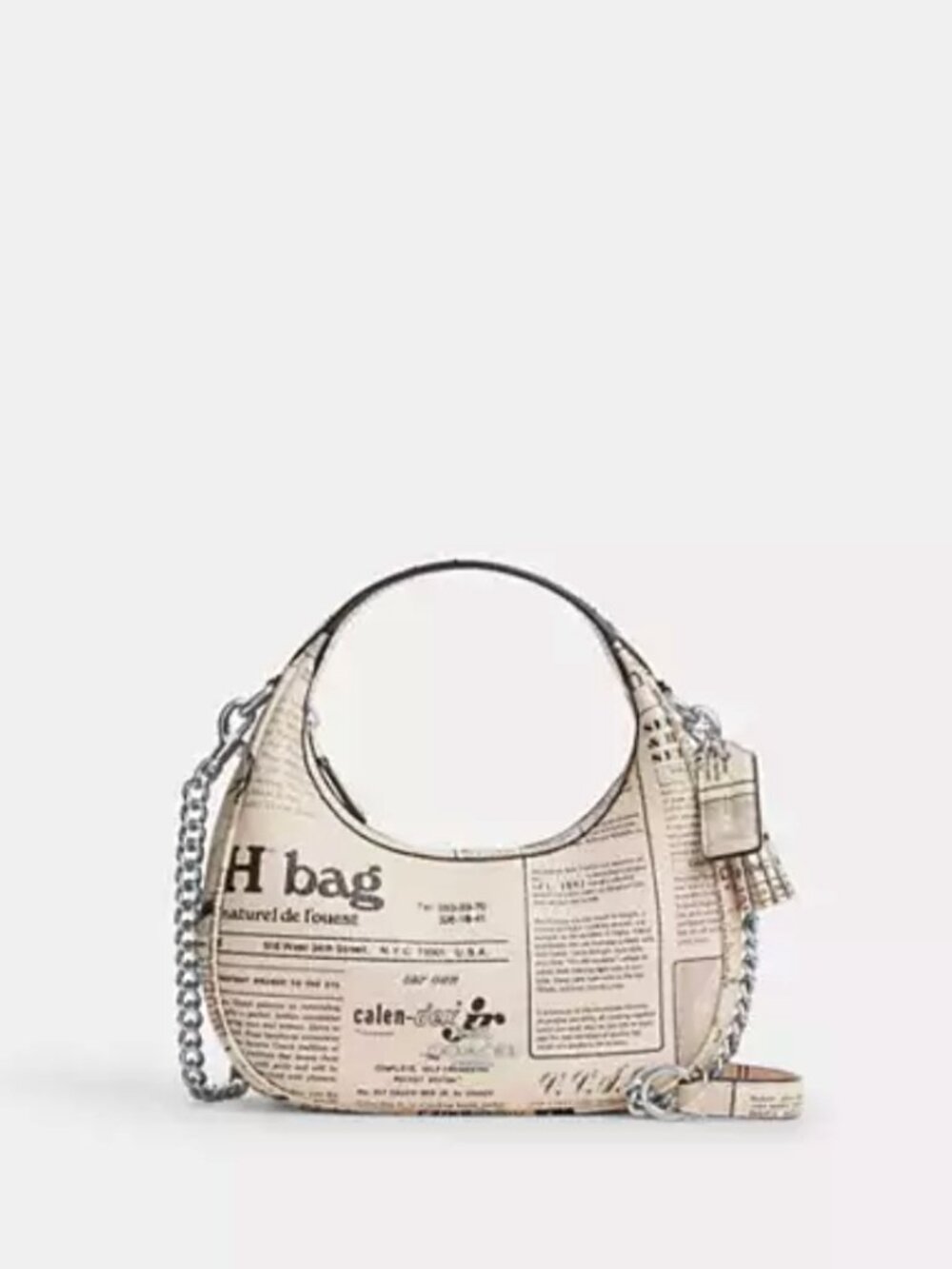 Coach Carmen Mini Crossbody Bag With Newspaper Print Pebbled Leather Silver NWT